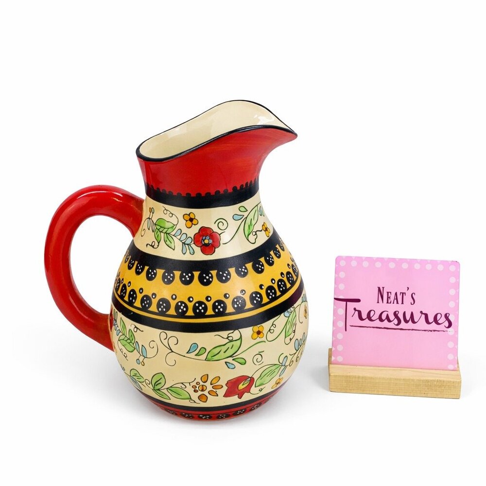 Decorative Red Black Yellow Floral Embossed Art Pottery Home Decor Pitcher Vase